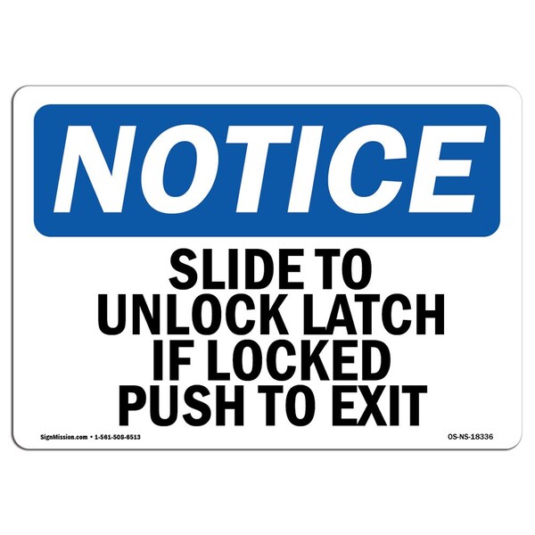 OSHA, Slide To Unlock Latch If Locked Push To Exit, 5in X 3.5in, 10PK, 3.5"W, 5" L, Landscape, PK10
